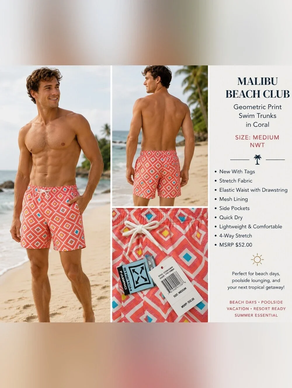 Malibu Beach Club Coral Geometric Print Swim Trunks NWT Size Medium
